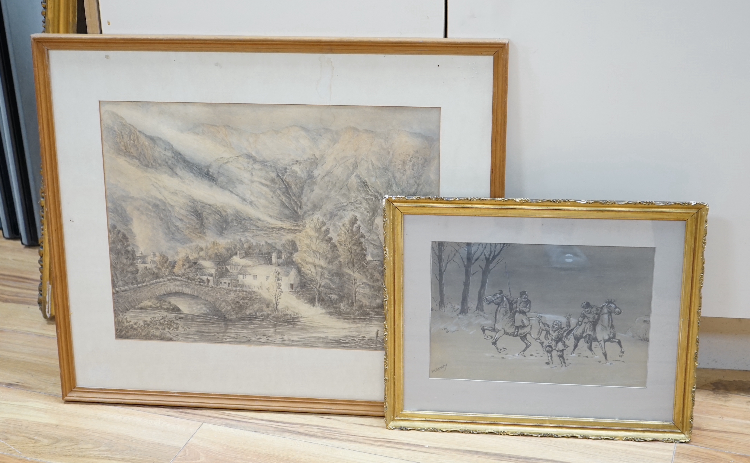 Holloway, heightened ink, Two Cossacks on horseback, together with an unsigned watercolour, ‘Grange, from the Borrowdale Road’, largest 37 x 50cm